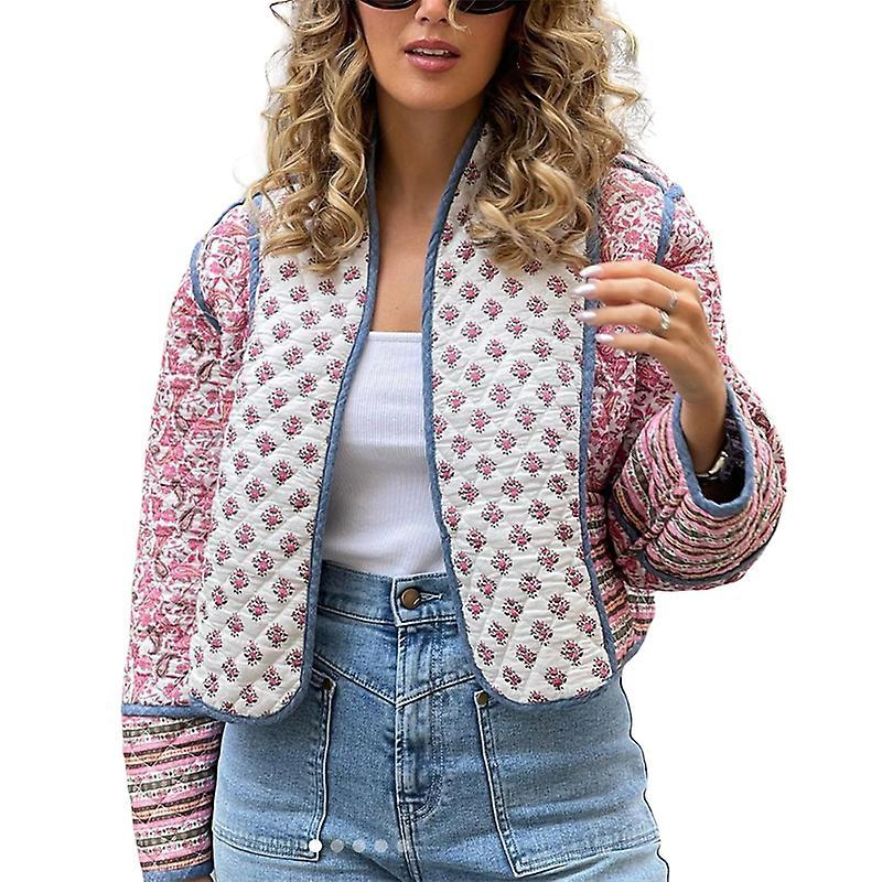 Waidfu Women's Floral Quilted Cardigan Cropped Lightweight Puffer Coat With Open Front L