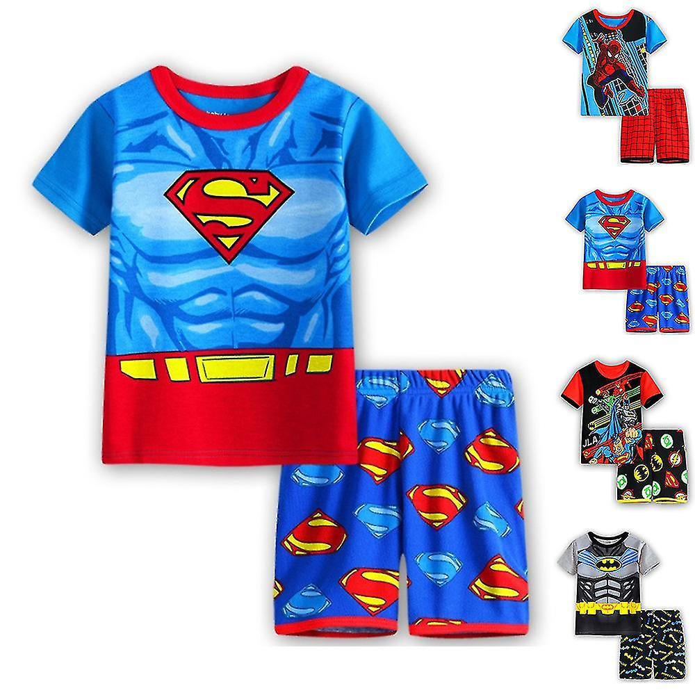 Batman Spiderman Superman Kids Boys Superhero Pyjamas Printed Short Sleeve T-Shirt Shorts Set Loungewear Sleepwear Outfits WHByv 4 Years