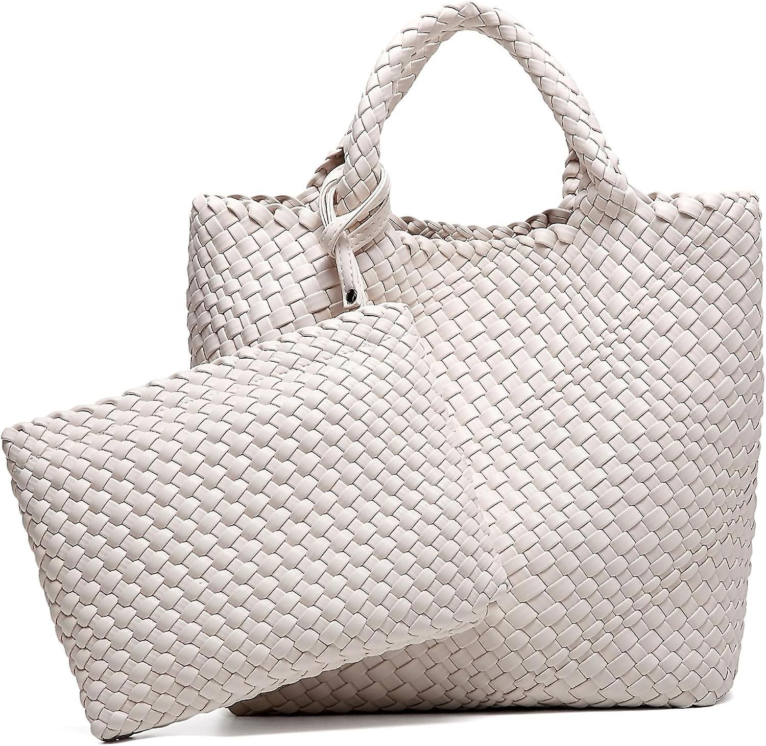 Maromalife Woven Bag For Women Vegan Leather Tote Bag Large Summer Beach Travel Handbag And Purse Retro Handmade Shoulder Bag Beige