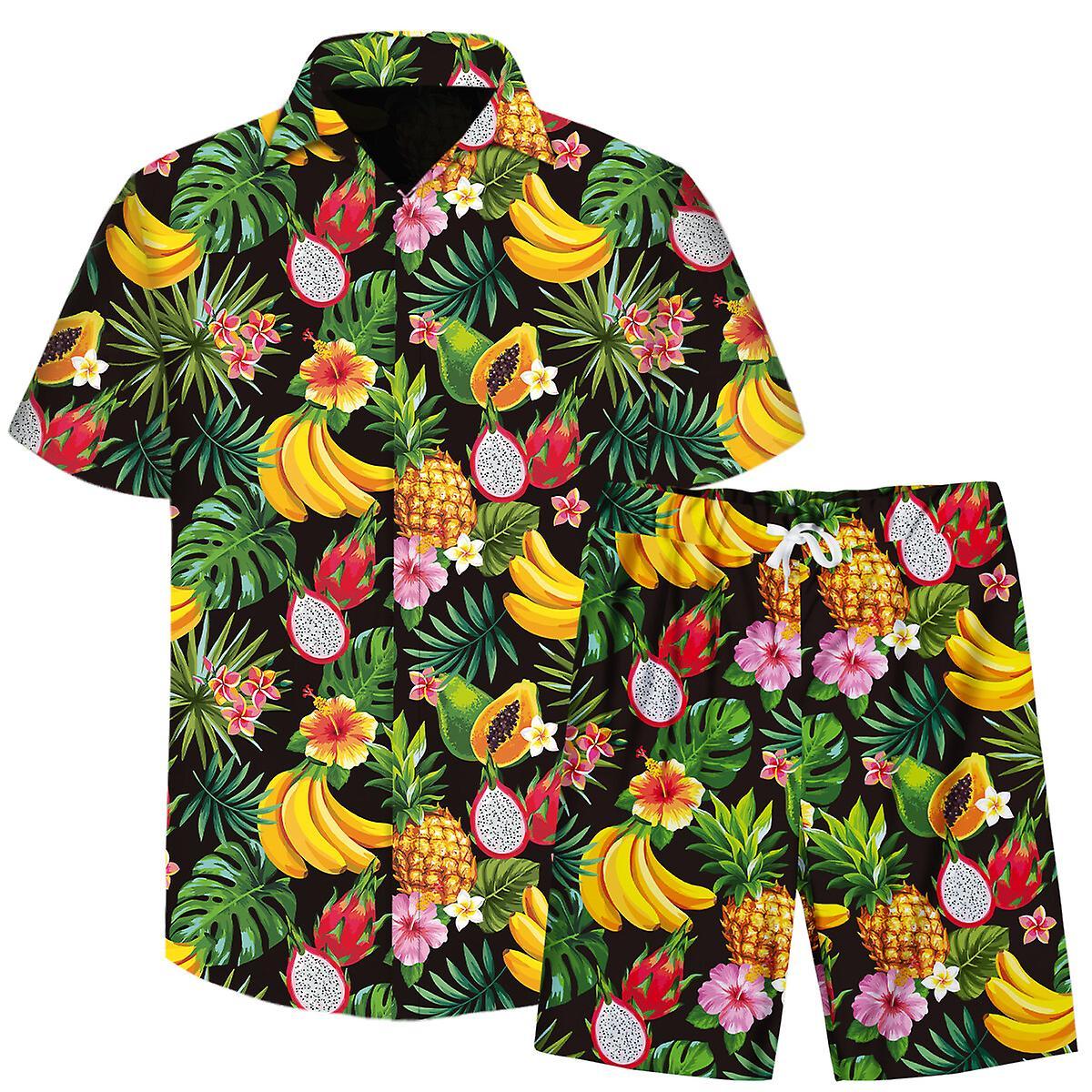 Allthemen Mens 2-Piece Summer Fruits Printed Beach Shirt&Shorts Green/Yellow/Pineapple L