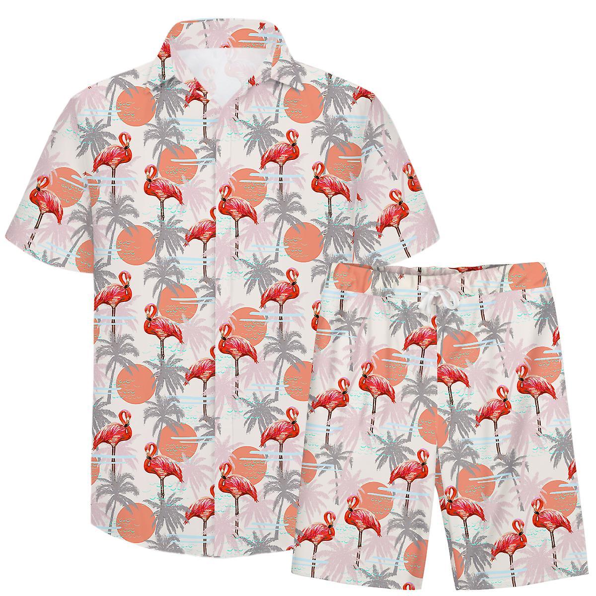 Allthemen Mens 2-Piece Summer Printed Beach Shirt&Shorts Red/Orange L