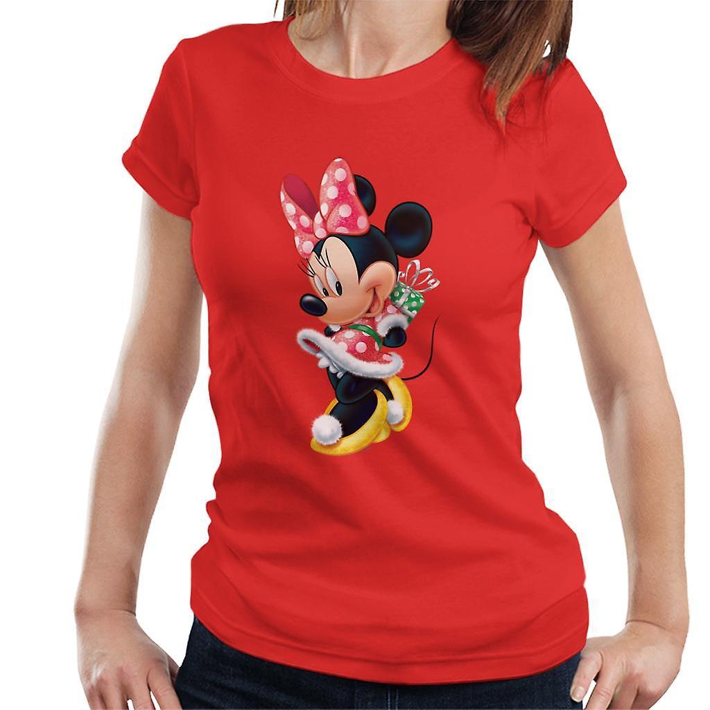 Disney Christmas Minnie Mouse Hiding Present Women's T-Shirt Red X-Large