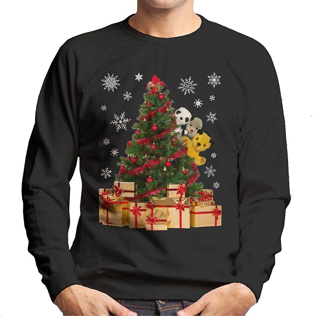 Sooty Christmas Characters Peeking Around Xmas Tree Men's Sweatshirt Black Medium