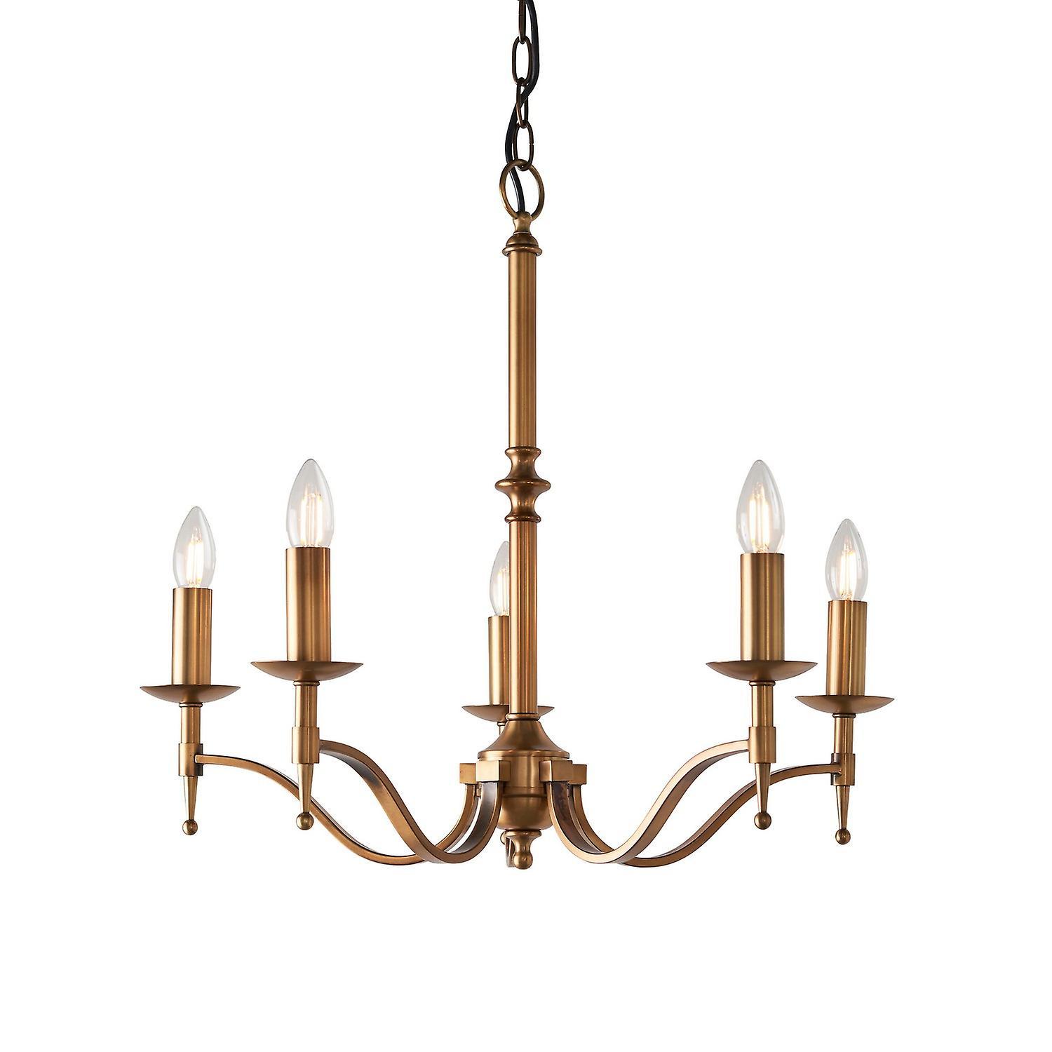 Stanford 5 Light Multi Arm Ceiling Pendant Chandelier Antique Brass E14