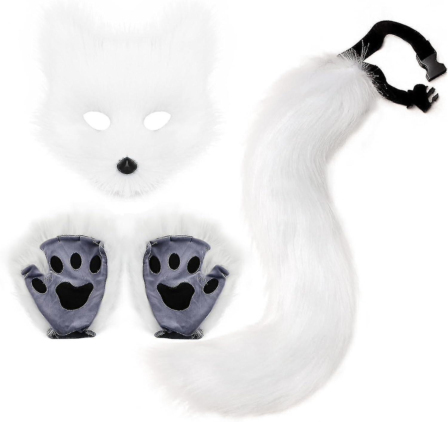 SJJYV Faux Fur Fox Tail Cat Wolf Cosplay Costume Set Plush Mask Fluffy Paw Gloves Halloween Christmas White