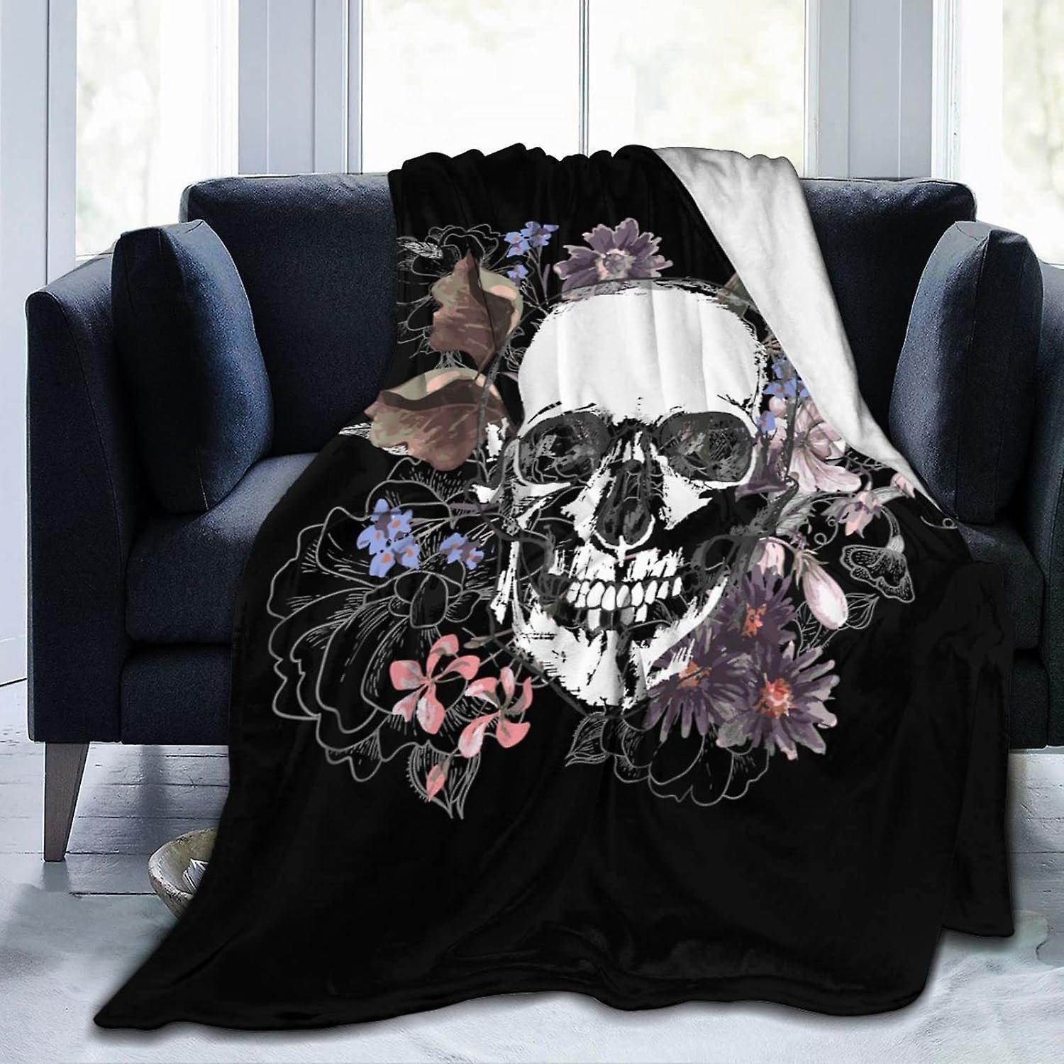 Kerota Throw Blanket Skulls and Flowers Flannel Blanket Soft Comfortable Blanket Washable Throws for Bed Sofa 50x40in 125x100cm