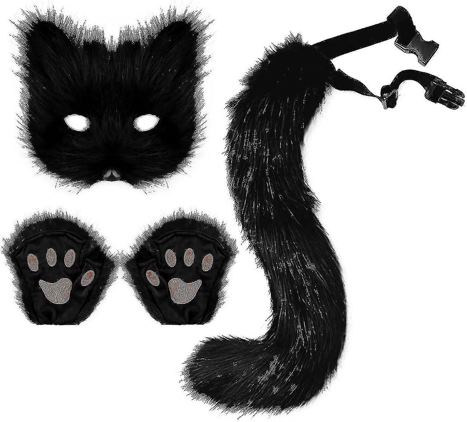 SJJYV Faux Fur Fox Tail Cat Wolf Cosplay Costume Set Plush Mask Fluffy Paw Gloves Halloween Christmas Black