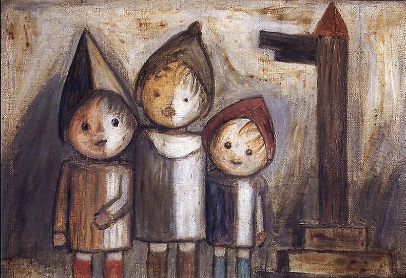 iEnjoy Three Children Near a Road Sign, Tadeusz Makowski