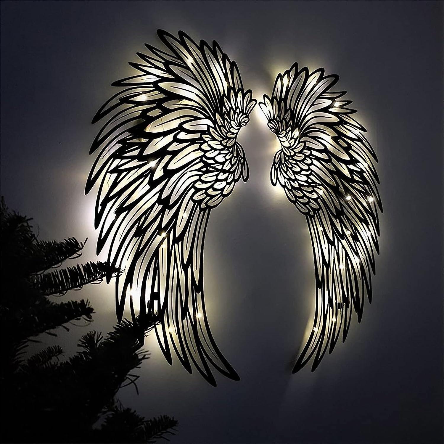 Wtowin 1 Pair Angel Wings Metal Wallart Art With Led Lights, Metal Angel Wings Wall Decor, Angel Wings Wall Sculpture Art Wall Hanging For Home Off...