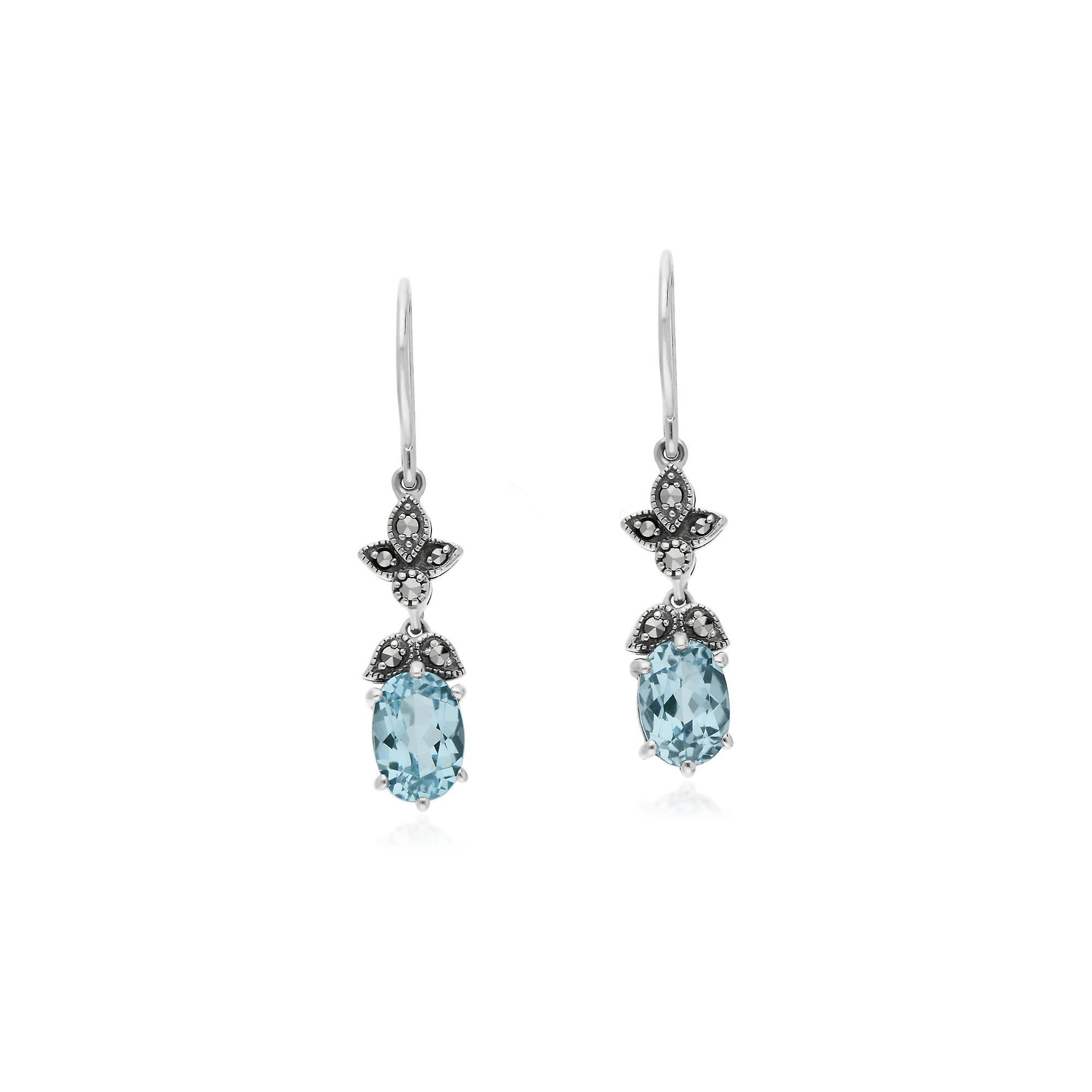 Gemondo Art Nouveau Style Oval Blue Topaz & Marcasite Drop Earrings in 925 Sterling Silver 214E861103925 One Size