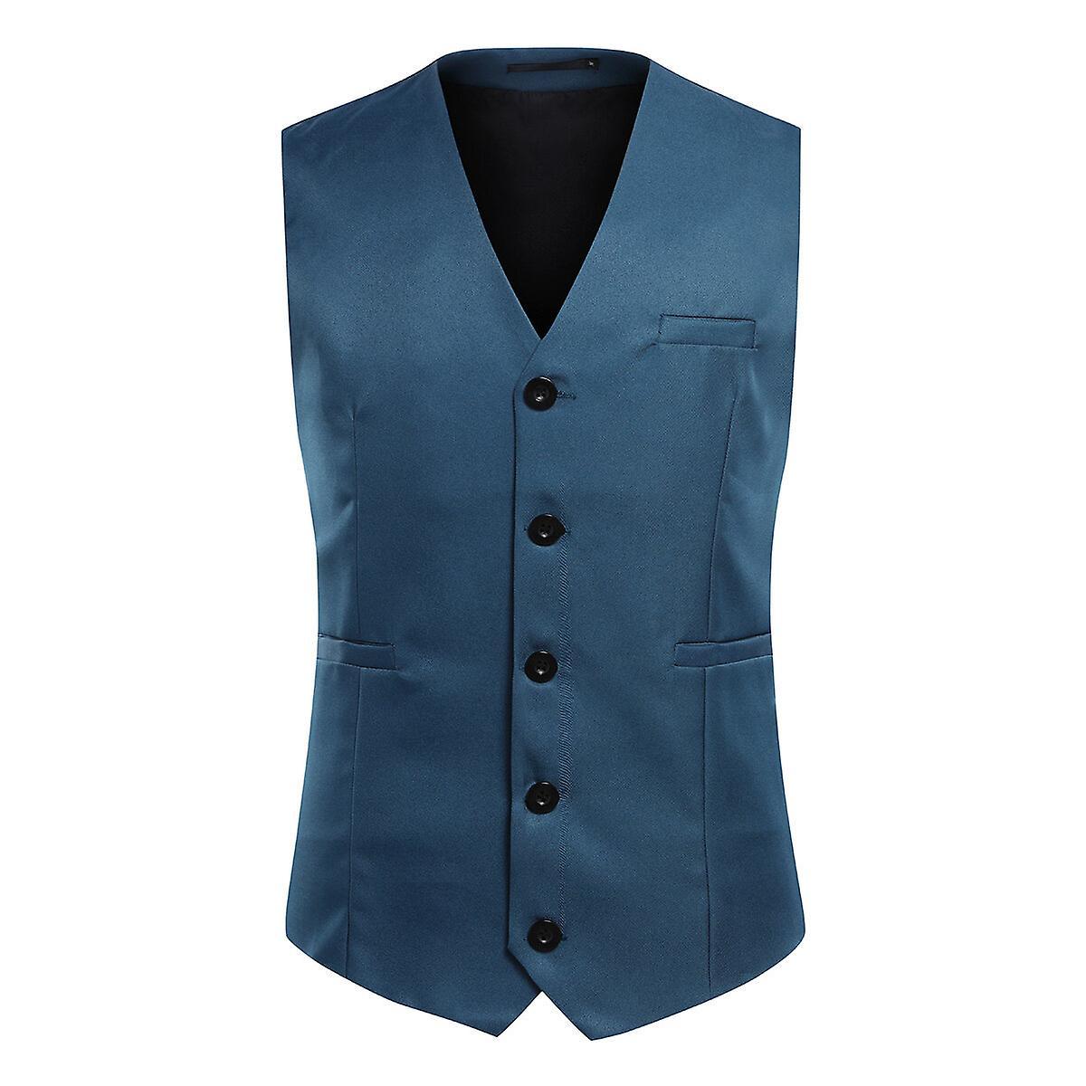 Allthemen Men's Formal Vest V-Neck Slim Fit Suit Vest for Business,Wedding,Hotel Lake Blue XS