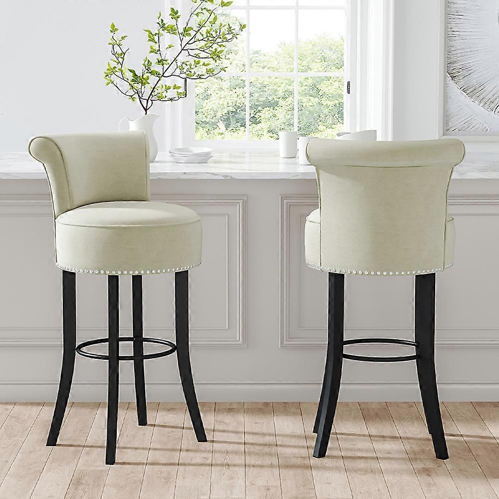 Living And Home Bar Stools Velvet Low Back Bar Stool with Footrest Studded Trim Dining Chairs Set of 2 Beige