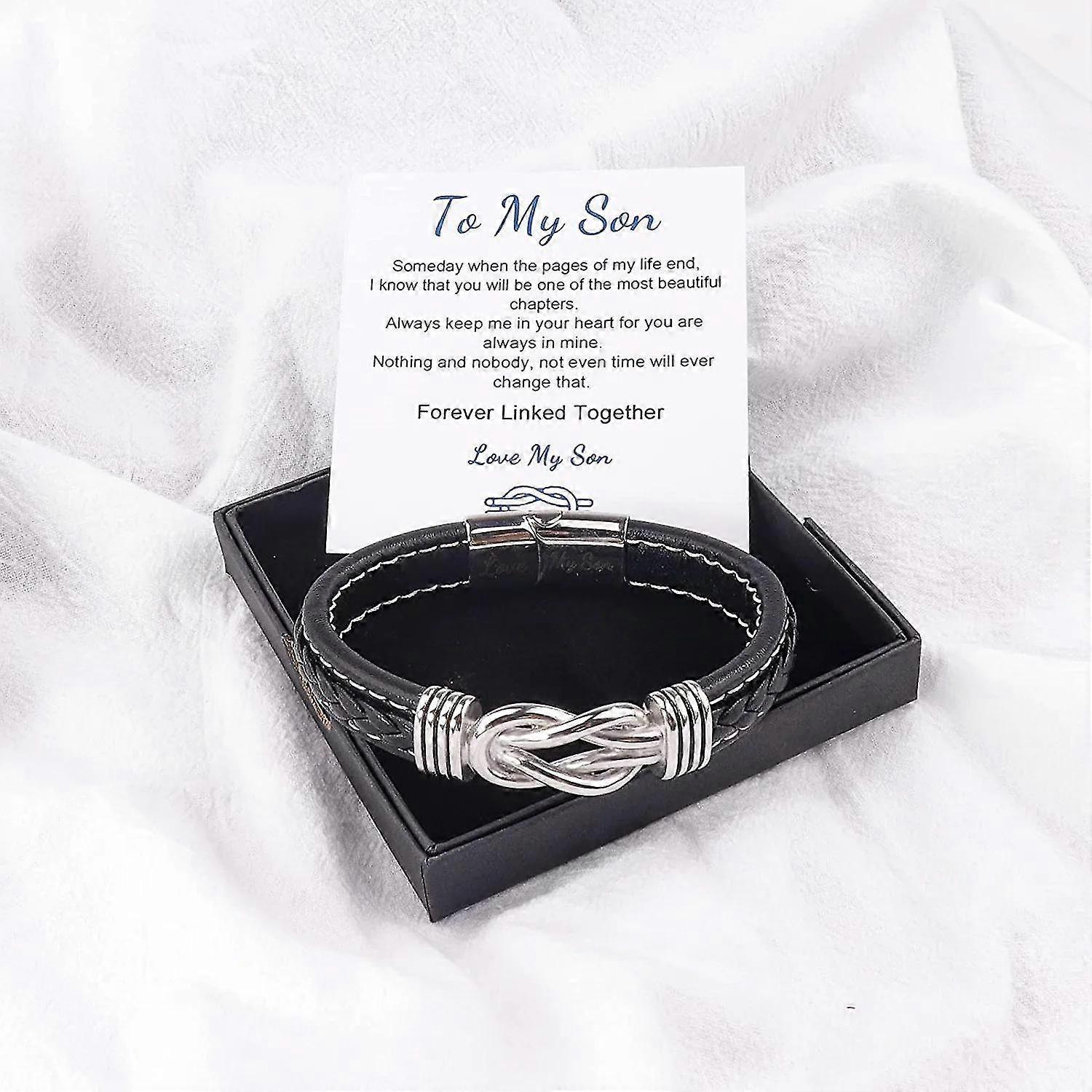 Zhiyi To My Son Bracelet, Forever Linked Together Braided Leather Bracelet, Stainless Steel Magnetic Closure Leather Knot Cuff