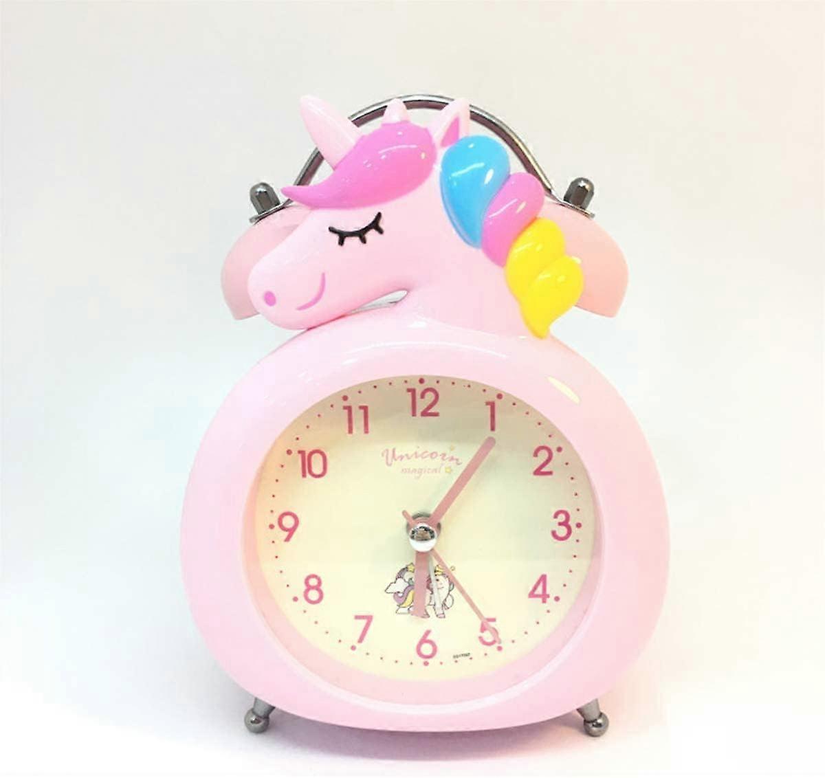 Heyone Unicorn Bedroom Alarm Clock,Vintage Loud Twin Bell Cartoon Alarm with Button Night Light,Battery Operated Non-Ticking Silent Alarm Clock(Pink)