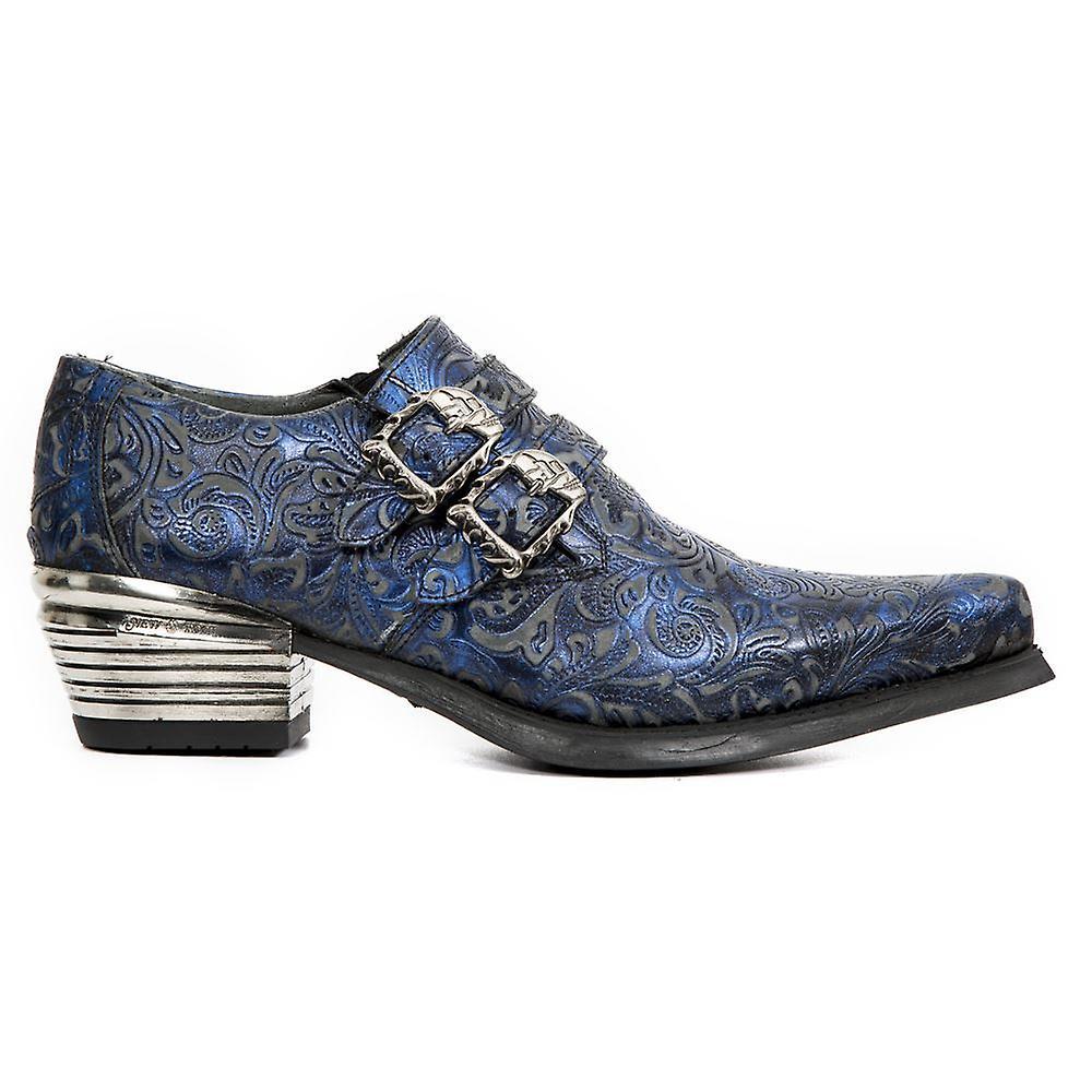 New Rock 7960-S7 Shoe EMBOSSED VINTAGE Blue Leather Buckle Steel Heel Shoes 10 UK