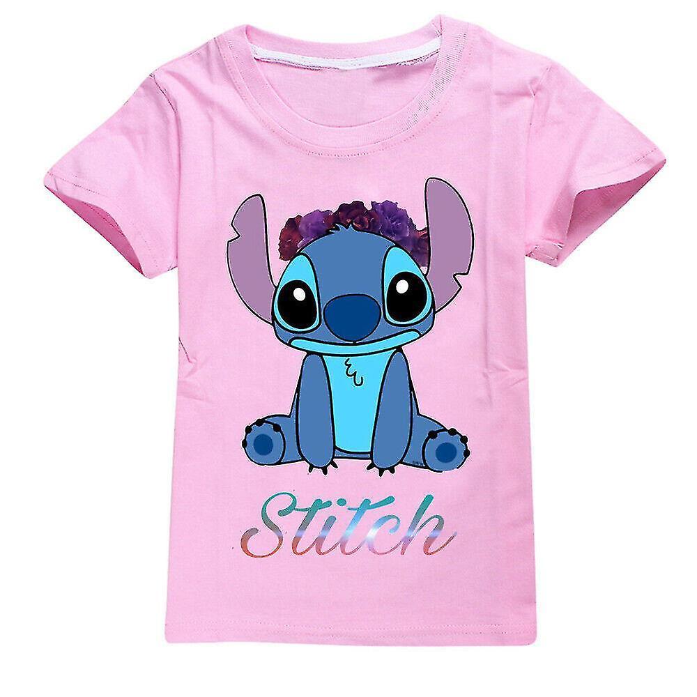 SML 7-14 Years Kids Teens Boys Girls Lilo And Stitch T-shirts Printed Summer Tops Gifts Pink 13-14Years