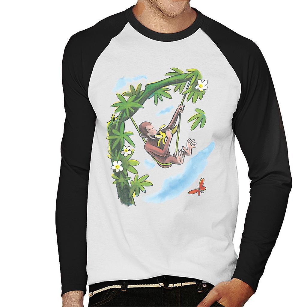 Curious George Vine Hammock And Banana Men's Baseball Long Sleeved T-Shirt White/Black X-Large