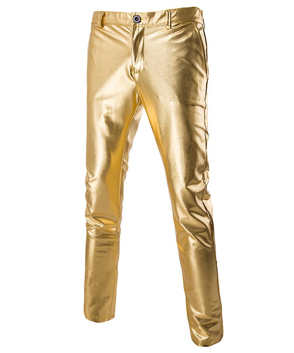 Allthemen Mens Bright Bronzing Mid-Waist Casual Leather Pants Gold XS