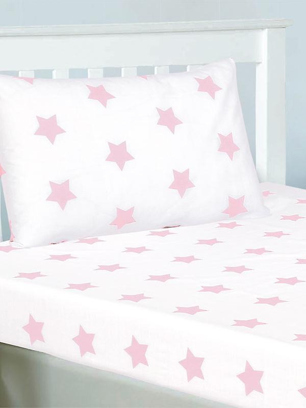 Bedding & Beyond Pink and White Stars Junior Fitted Sheet and Pillowcase Set Pink/White Single