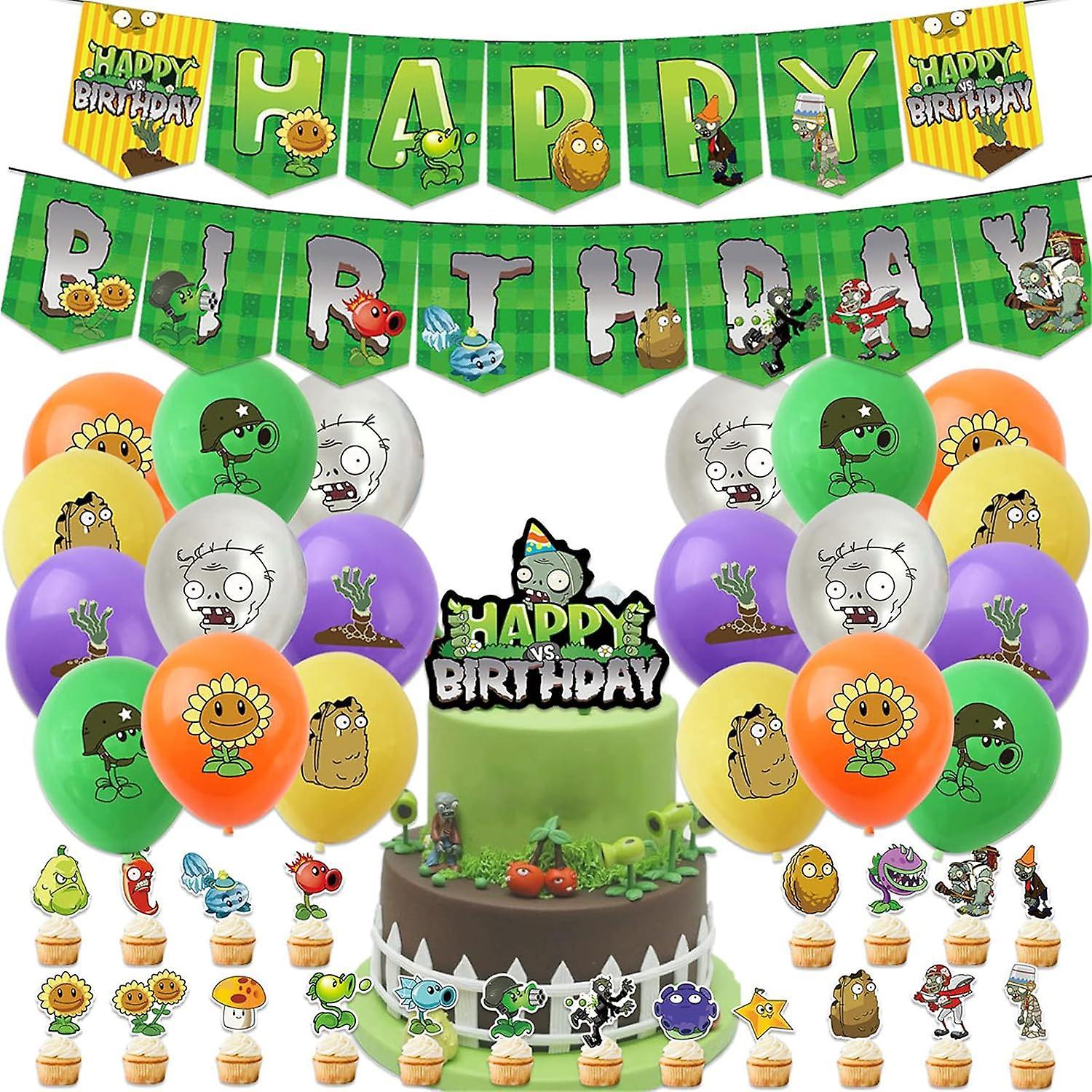 Heyone 43pieces Plants Play Game Zombies Party Supplies,including Pvz Happy Birthday Banner,pvz Cake Topper,pvz Latex Balloons For Kids Boys Game P...