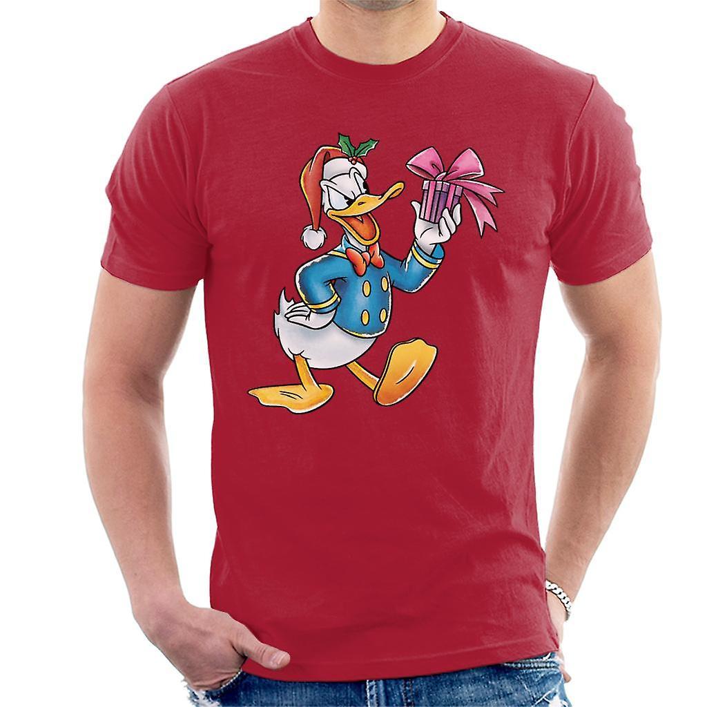 Disney Christmas Donald Duck Holding Present Men's T-Shirt Cherry Red Medium