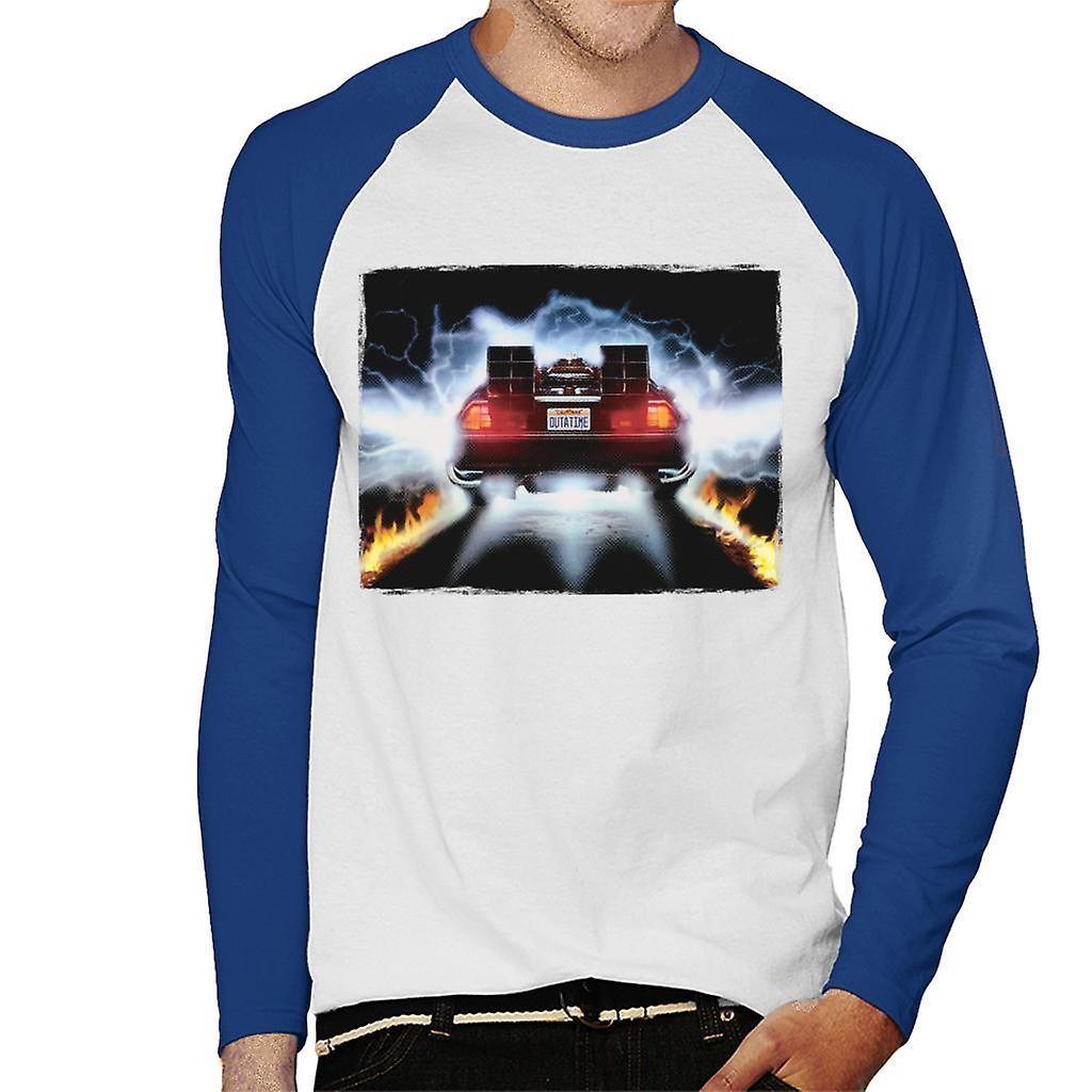 Back to the Future Delorean Taking Off For Time Travel Men's Baseball Long Sleeved T-Shirt White/Royal X-Large