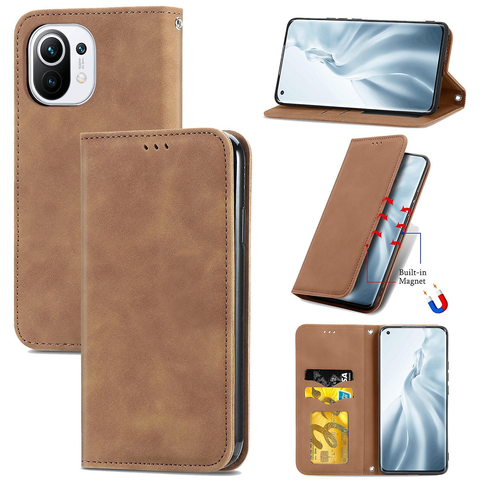 Gangxun Case For Xiaomi Mi 11 Magnetic Closure Leather Wallet Cover Housse Etui Shockproof - Marron