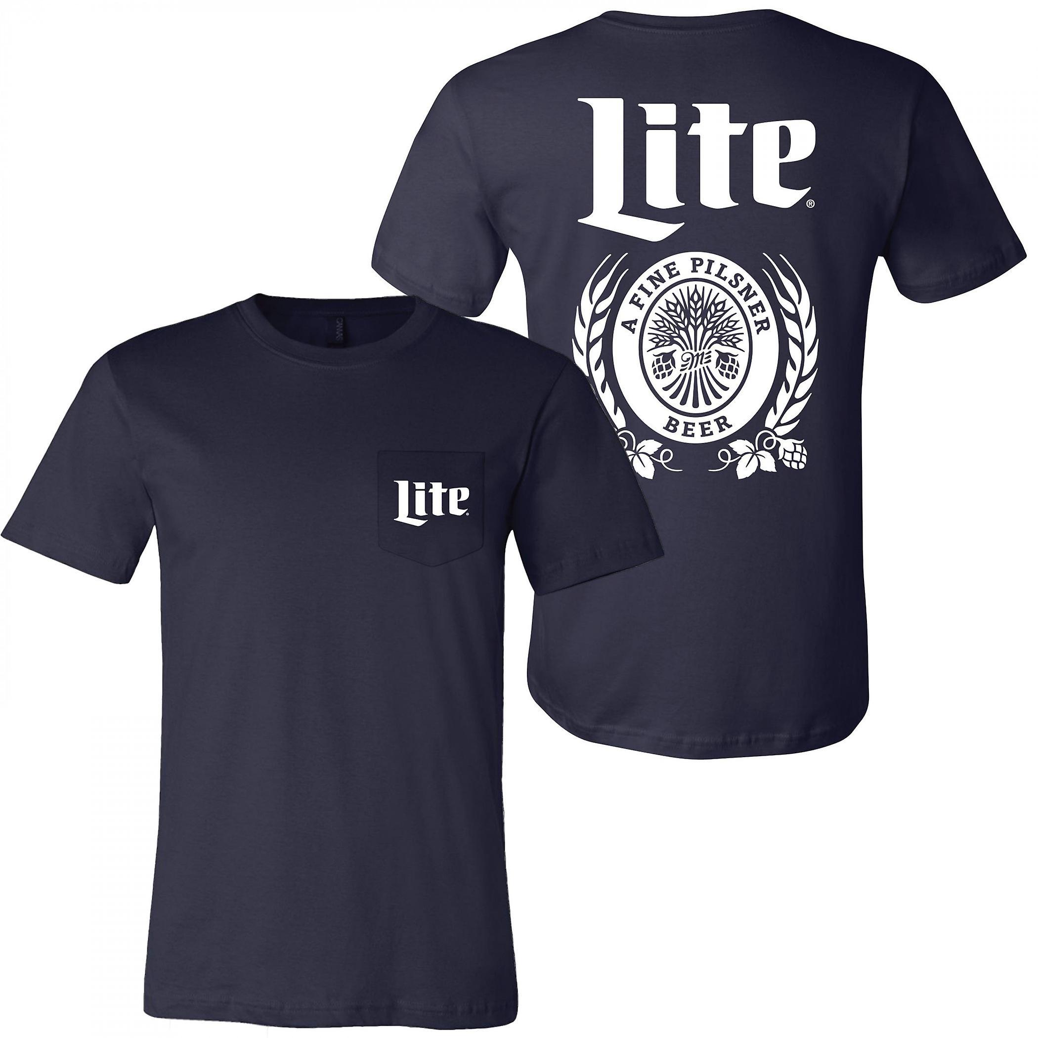 Beers Miller Lite Beer Front and Back Navy and White Logo Print Pocket T-Shirt Blue Medium