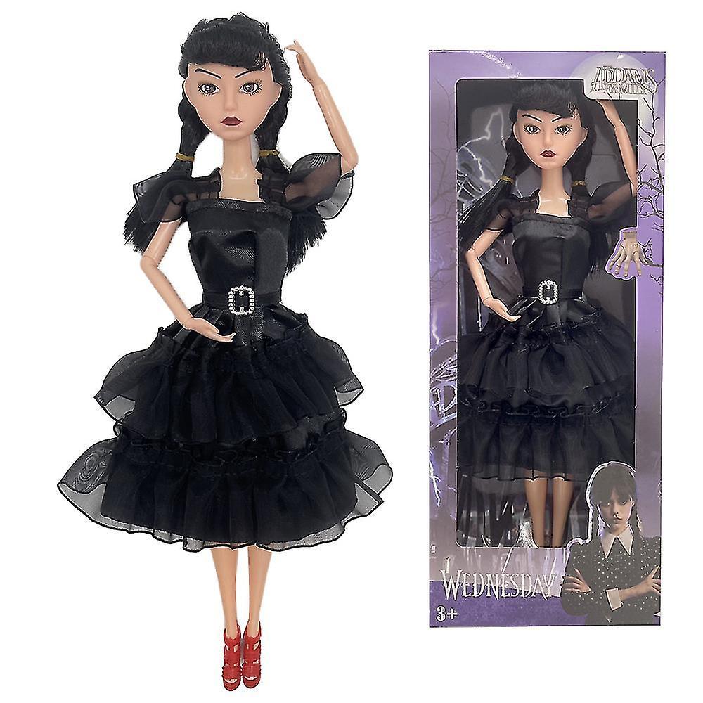 Acgiv 11'' The Addams Family Character Wednesday Addams Black Doll With Balck Dress High Heels And Hair Gift For Kids Girls & Fans