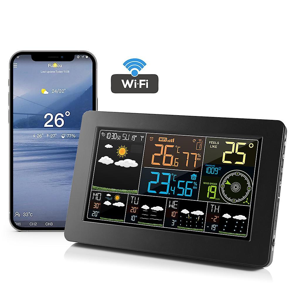 Huxmotor W4 Digital Alarm Wall Clock Weather Station Wifi Indoor Outdoor Temperature Humidity Pressure Wind Weather Forecast Lcd Eu Plug