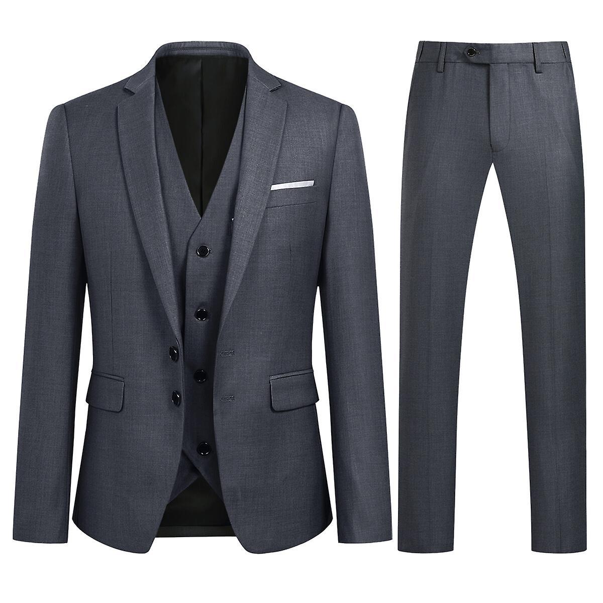 Allthemen Mens 3-Piece Suit Business Wedding Solid Color Slim-fit Blazer and Pants and Vest Dark Gray M