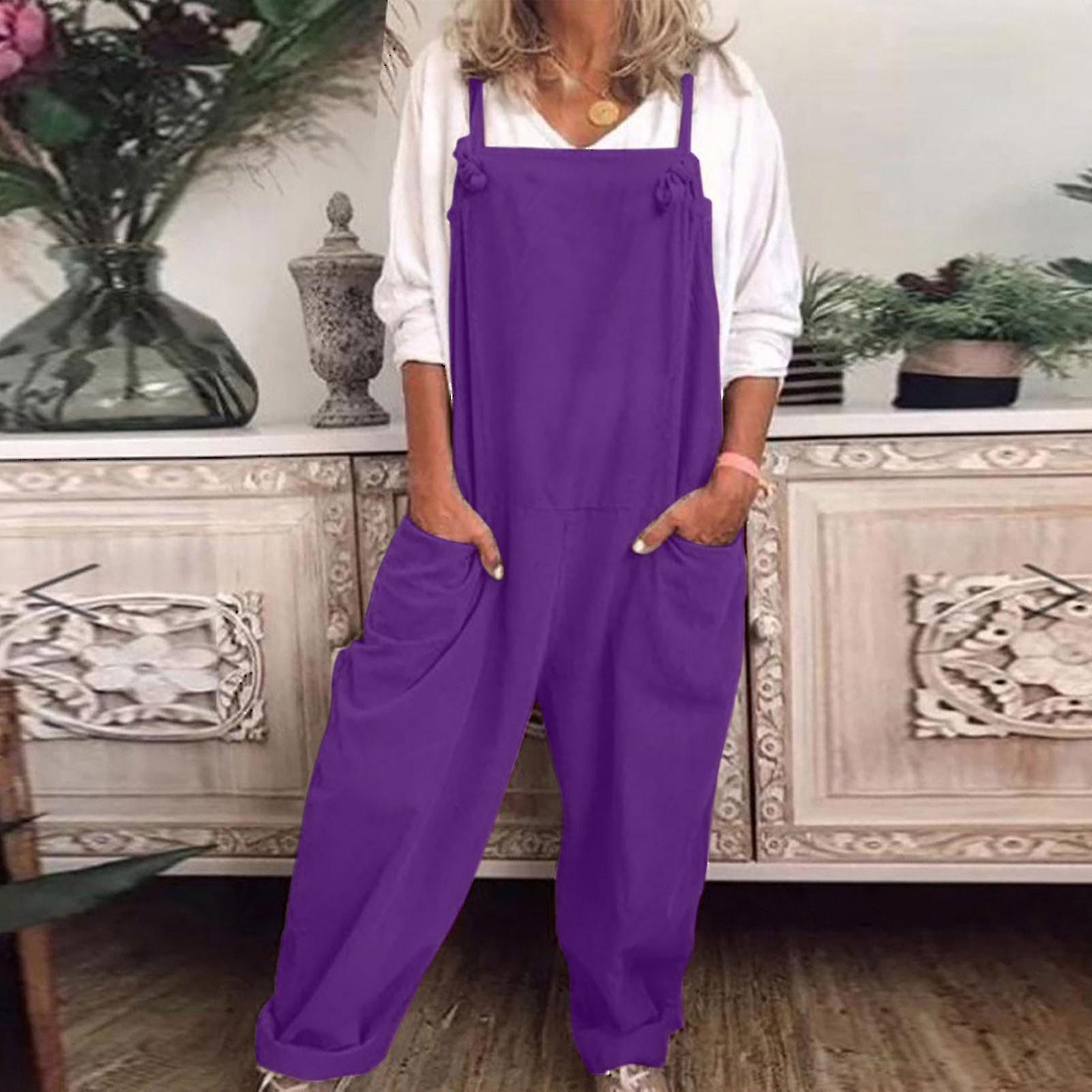 Cryin Womens Overalls Casual Loose Dungarees Romper Baggy Playsuit Cotton And Linen Jumpsuit Purple L