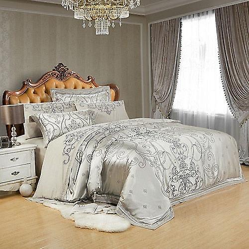 Slowmoose Silver Gold Embroidery Luxury Silk Satin Jacquard Duvet Cover Bedding Set Queen 4Pcs / Bed sheet style