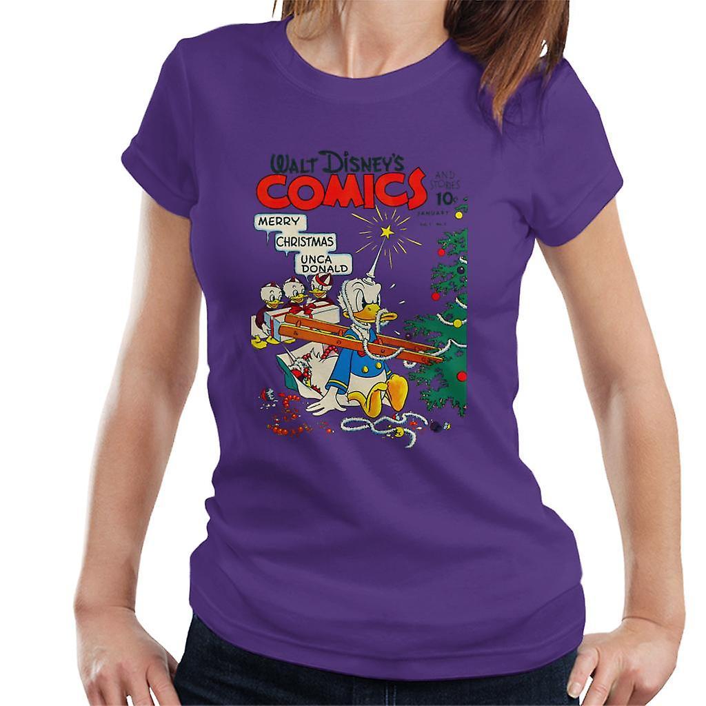 Disney Christmas Donald Duck Xmas Tree Chaos Women's T-Shirt Purple Medium