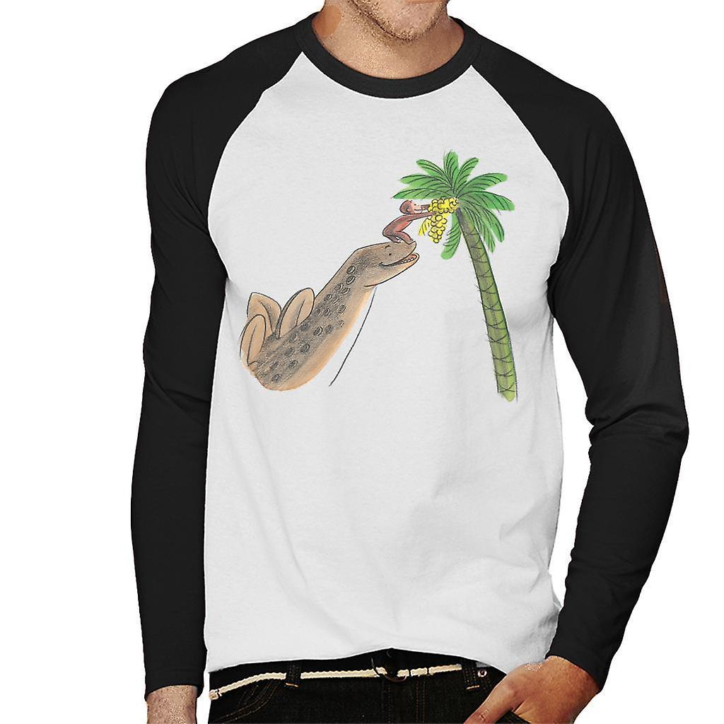 Curious George Dinosaur Palm Tree Men's Baseball Long Sleeved T-Shirt White/Black Small