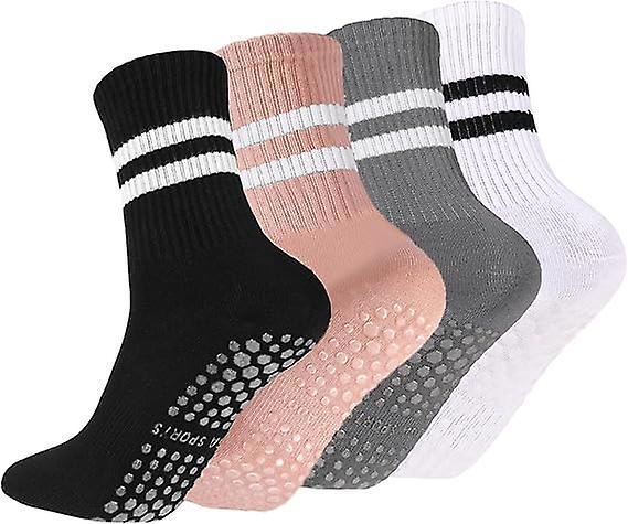 Frusde 4 Pairs Trampoline Socks, Non Slip Yoga Pilates Socks, Anti Slip Socks With Stripe For Ballet Pilates Fitness Yoga