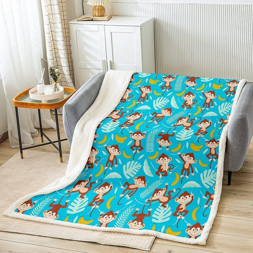 Kerota Cartoon Monkeys Fleece Throw Blanket for Bed Sofa Couch D Kawaii Animals Blue Pattern Plush Blanket Botanical Branches Sherpa Blanket Warm F...