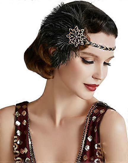 Phwj 1920S Vintage Roaring Headband 20s Flapper Headpiece with Feather 1920s Great Gatsby Costume Accessories Black gold black/gold