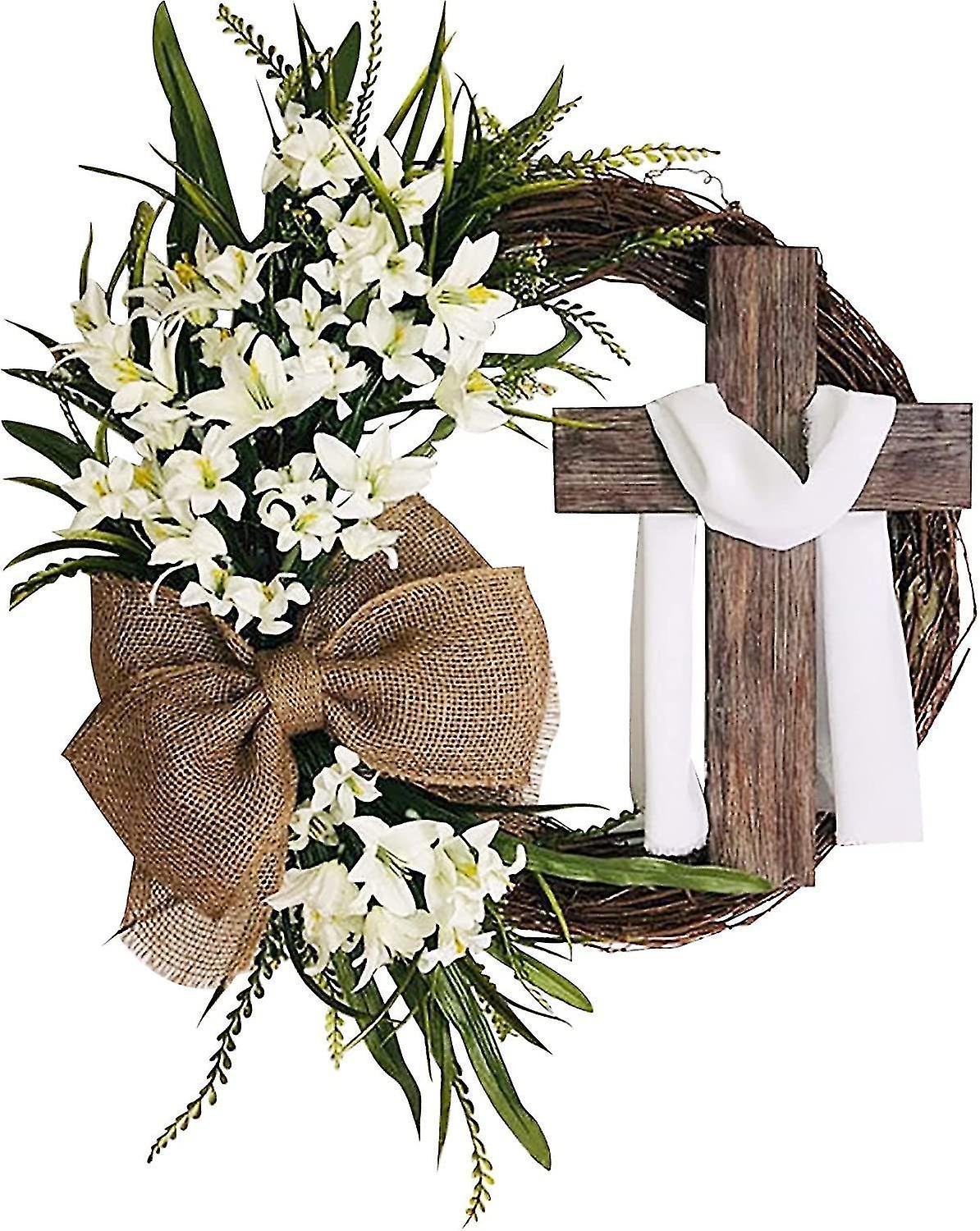 Tianzun Easter Wreath With Cross Garland,easter Wreath Decor For Front Door Hanging Decoration,welcome Sign Easter Wreath Home Decor White