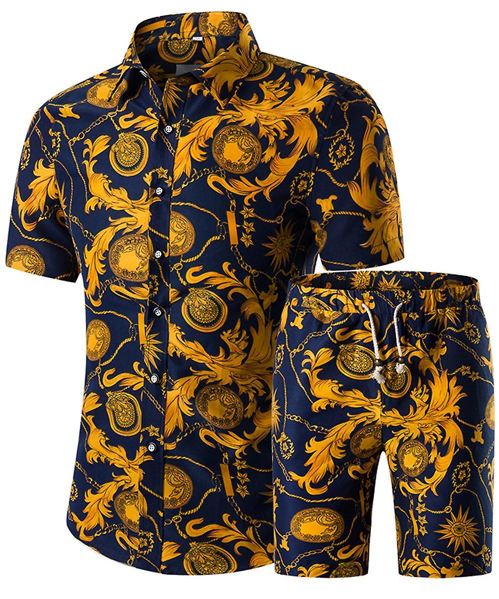 Allthemen Mens 2-Piece Cotton Printed Short-Sleeved Shirt and Shorts Yellow/Dark Blue XL