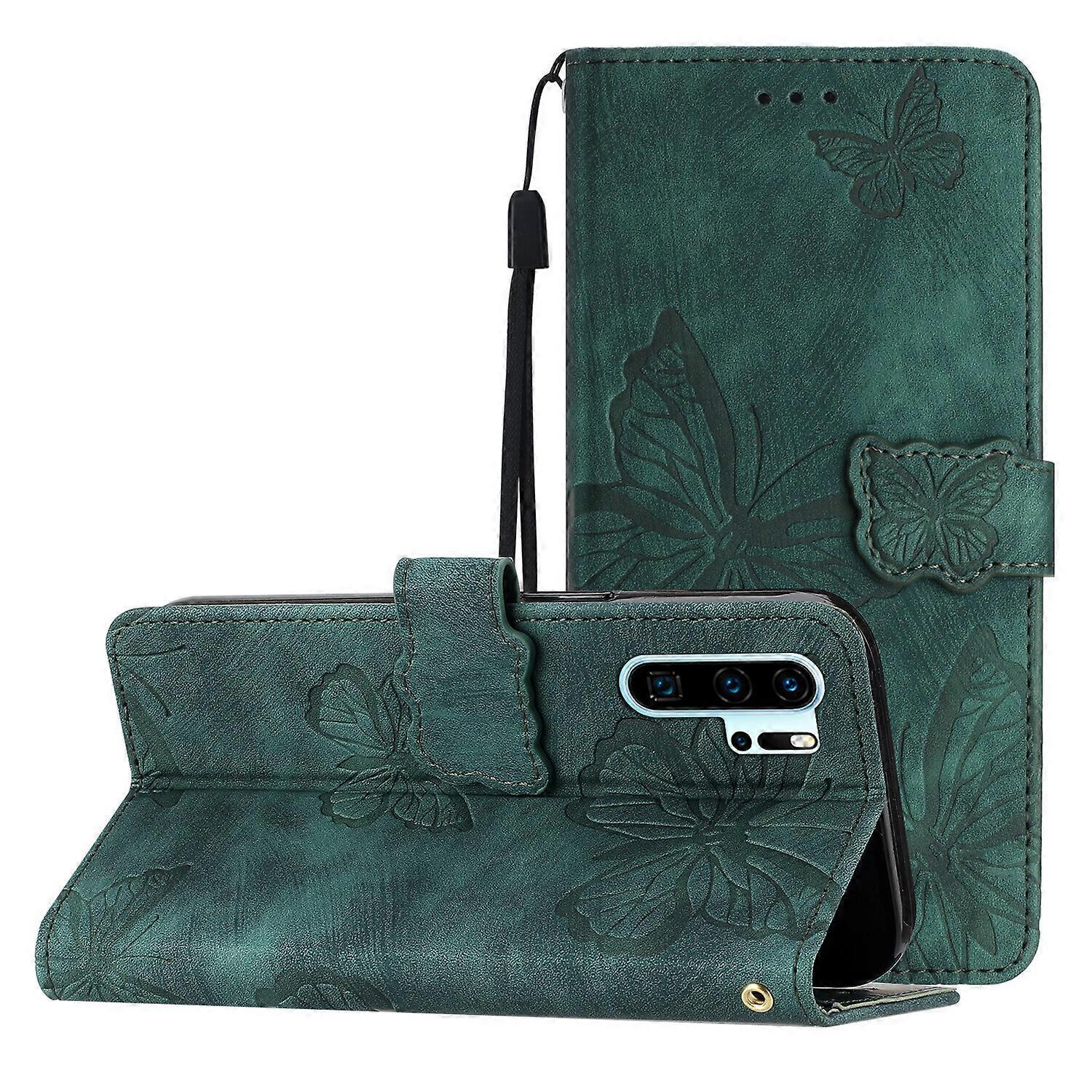 Foxdock Compatible with Huawei P30 Pro Embossed Butterfly Case with Wallet and Kickstand Cover Green