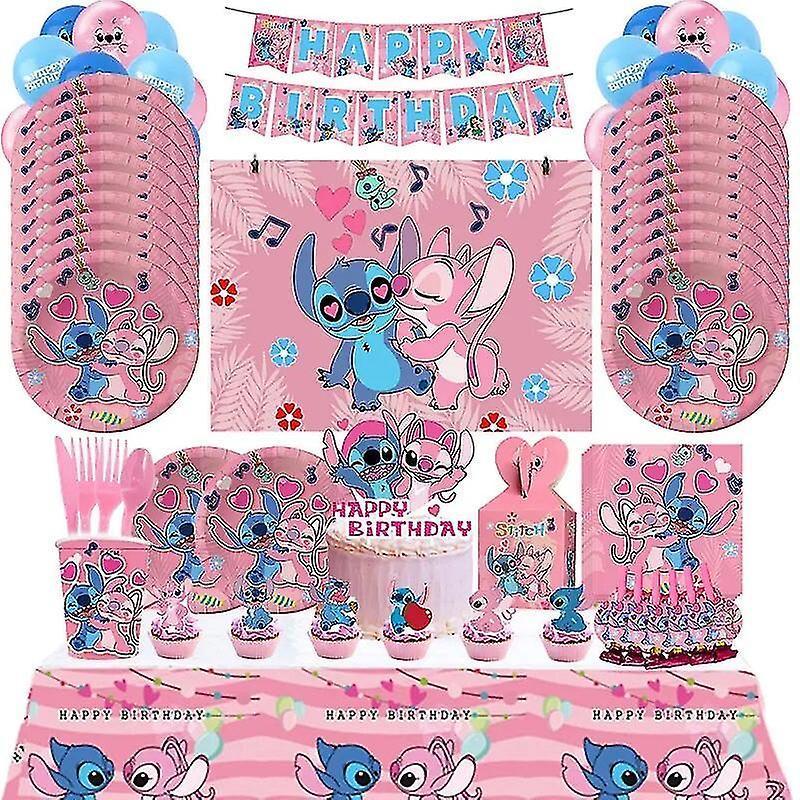 Subaoe Pink Stitch Birthday Party Decoration Lilo And Stitch Theme Tableware Angel Balloon Plates Cups Supplies For Kids Girls February2 61pcs set