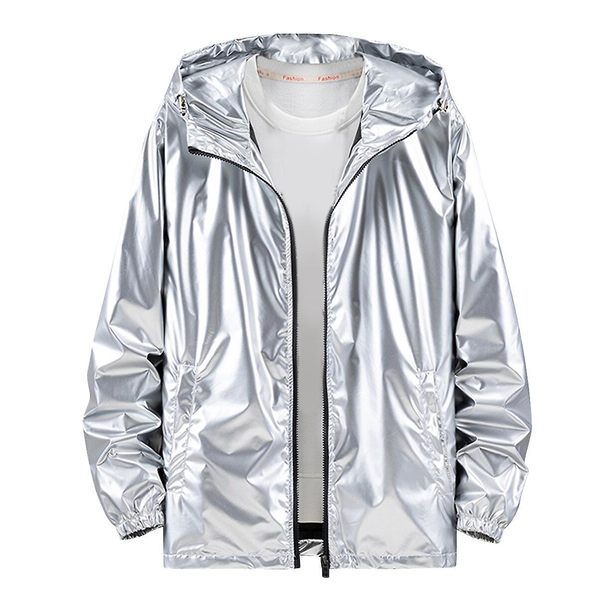 Sliktaa Mens Shiny Waterproof Hooded Jacket Silver L