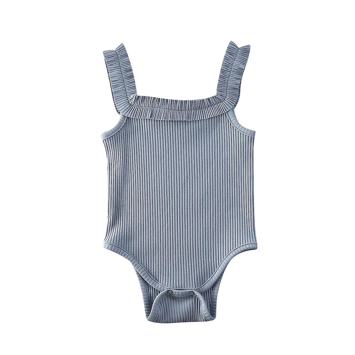 Slowmoose Baby Summer Clothing, Newborn Sleeveless Cotton Bodysuit, Ribbed Ruffled Blue 3M