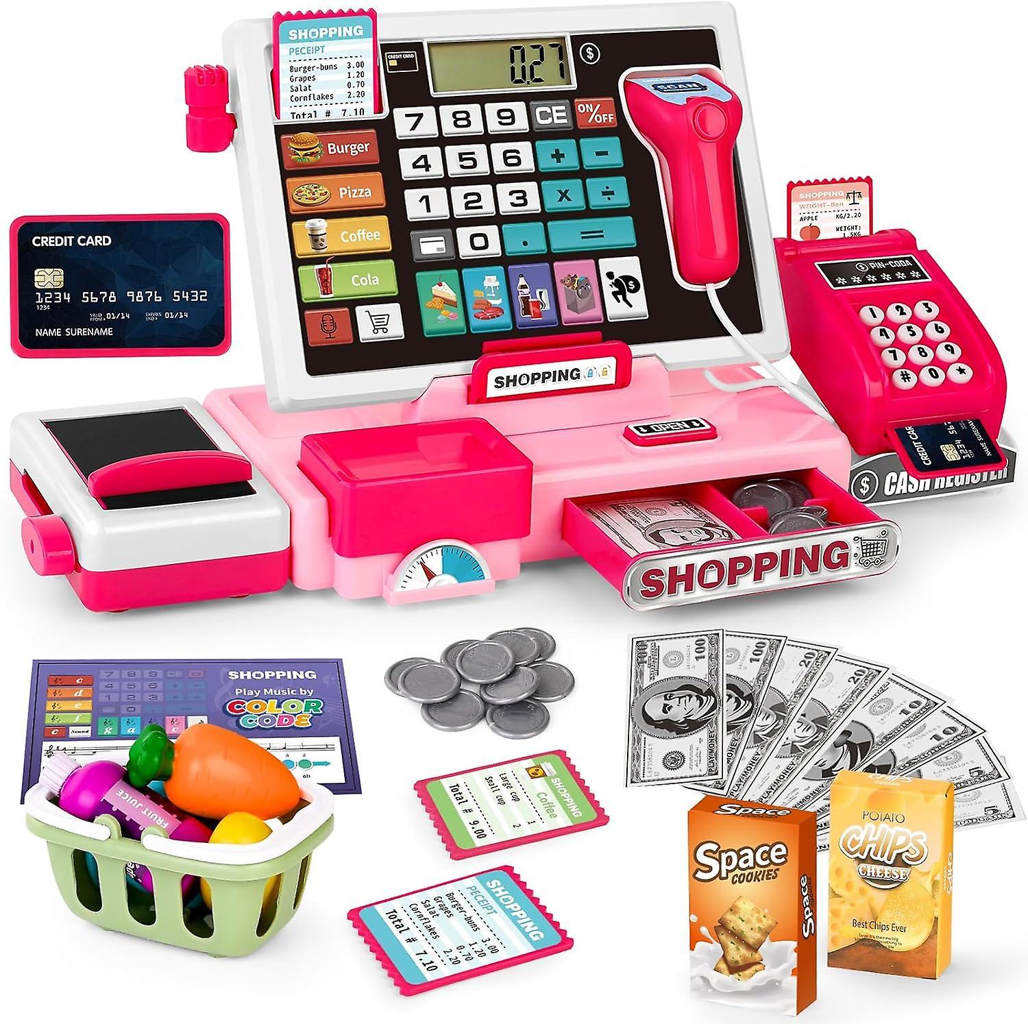 Lelinker Kids Cash Register Toy Playset, Toddler Prentend Play Store with Scanner/Credit Card/Play Money/Food, Learning Toys for Boys Girls Toddler...