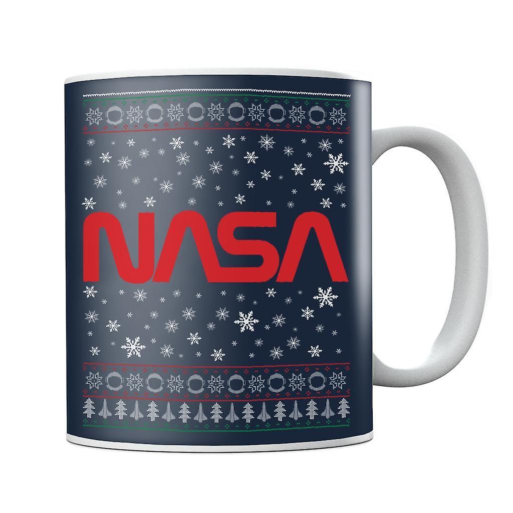 NASA 1975-1992 Logo Christmas Knit Pattern Mug Navy Blue 10oz