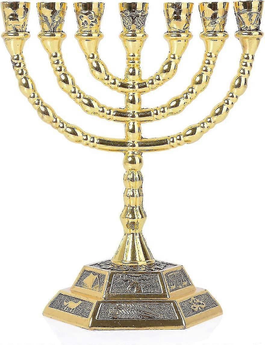 Elriven Menorah 7 Branch, 12 Tribes Of Israel, Jerusalem Temple Jewish Candle Holder (12.7cm, Gold)