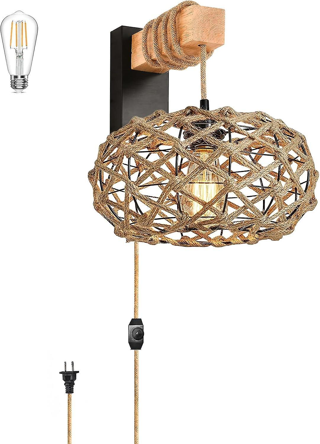 Heyone Plug In Wall Sconces Rattan Boho Decor Wall Sconce Light Woven Wicker Wall Lamp With Plug In Cord Dimmable Hanging Lamps That Plug Into Wall