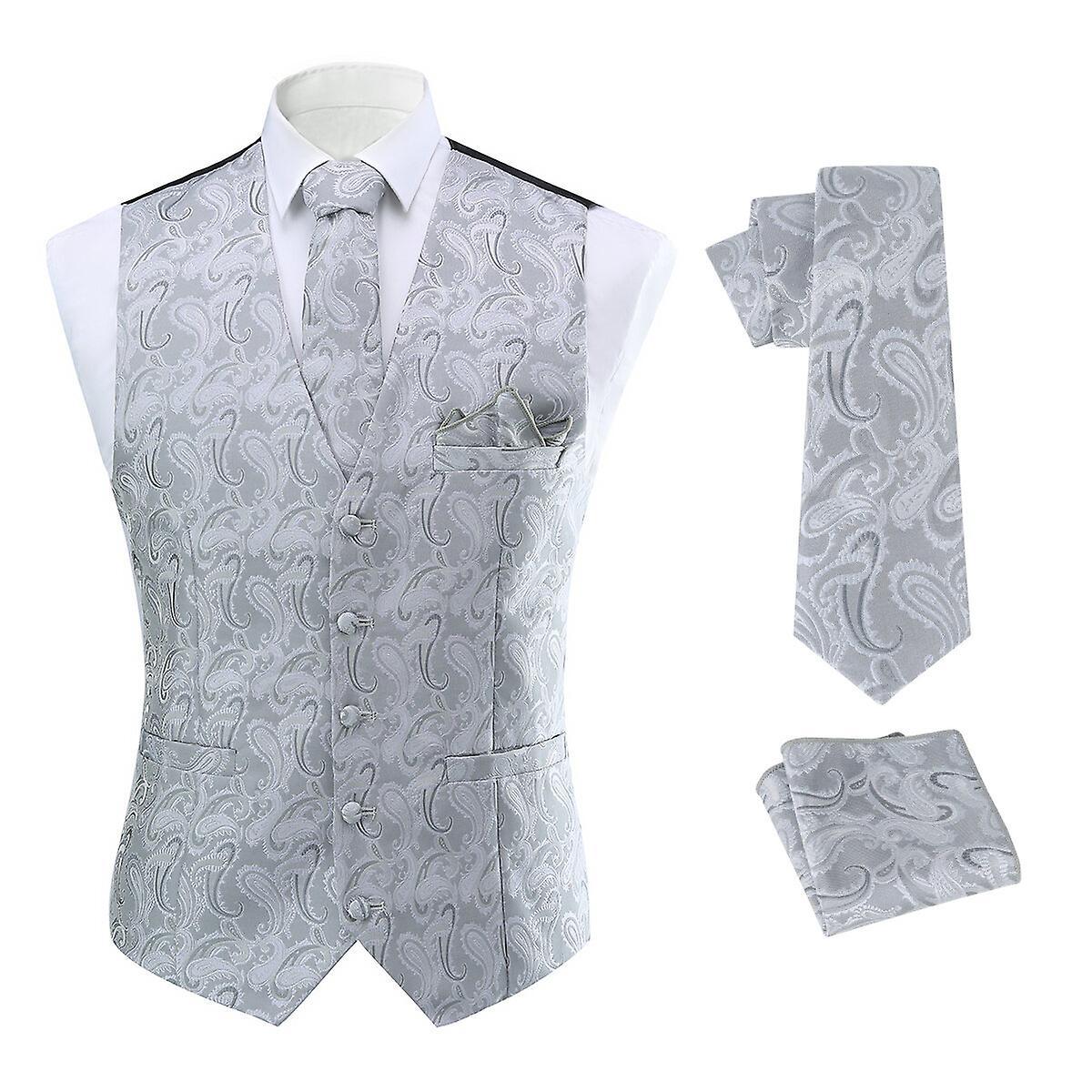 Allthemen Mens 3-Piece Vest Tie Set Wedding Paisley Jacquard Suit Vests&Tie&Pocket Square Silver Gray L