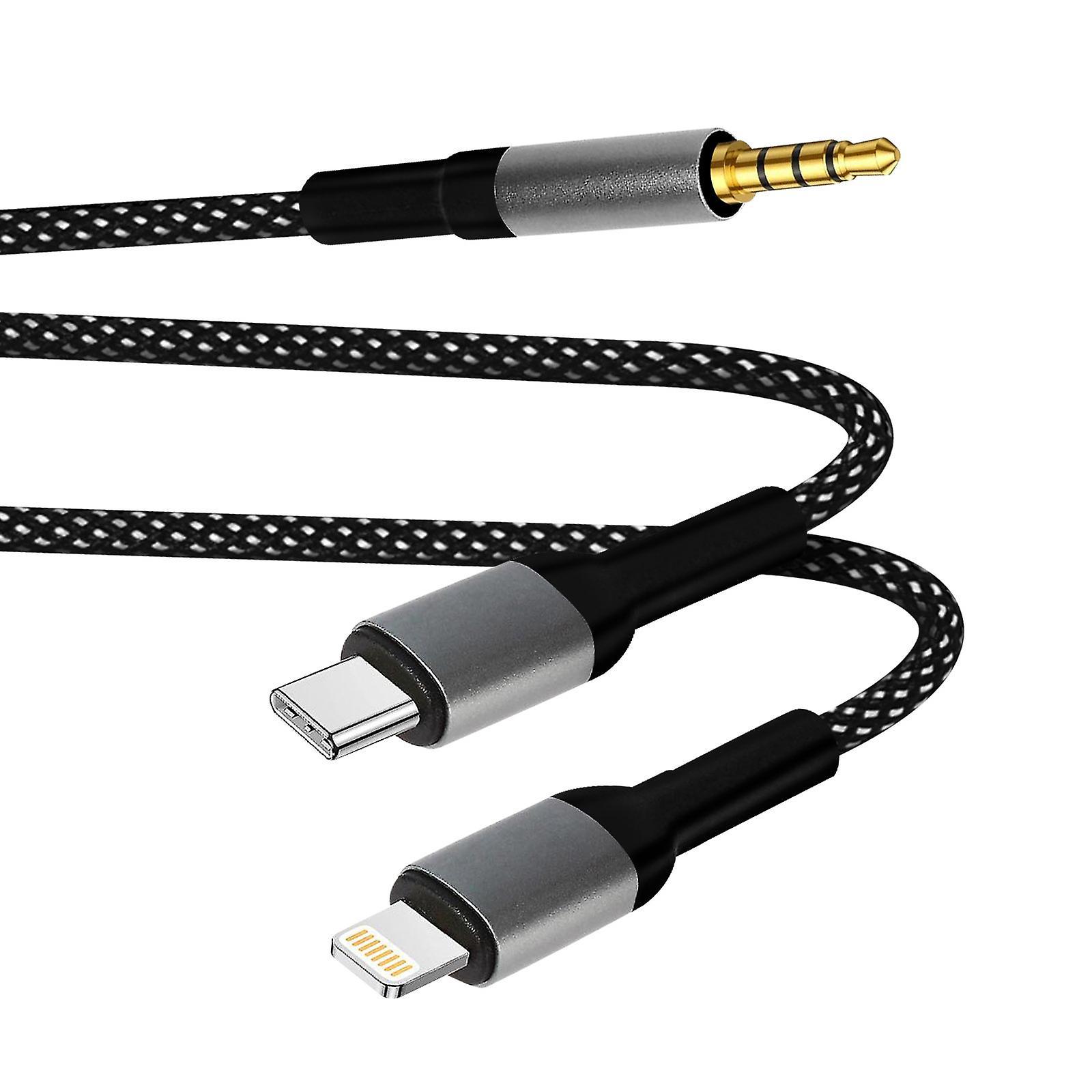 LinQ iPhone and iPad adapter cable: USB-C + Lightning to Jack 3.5mm male, Black